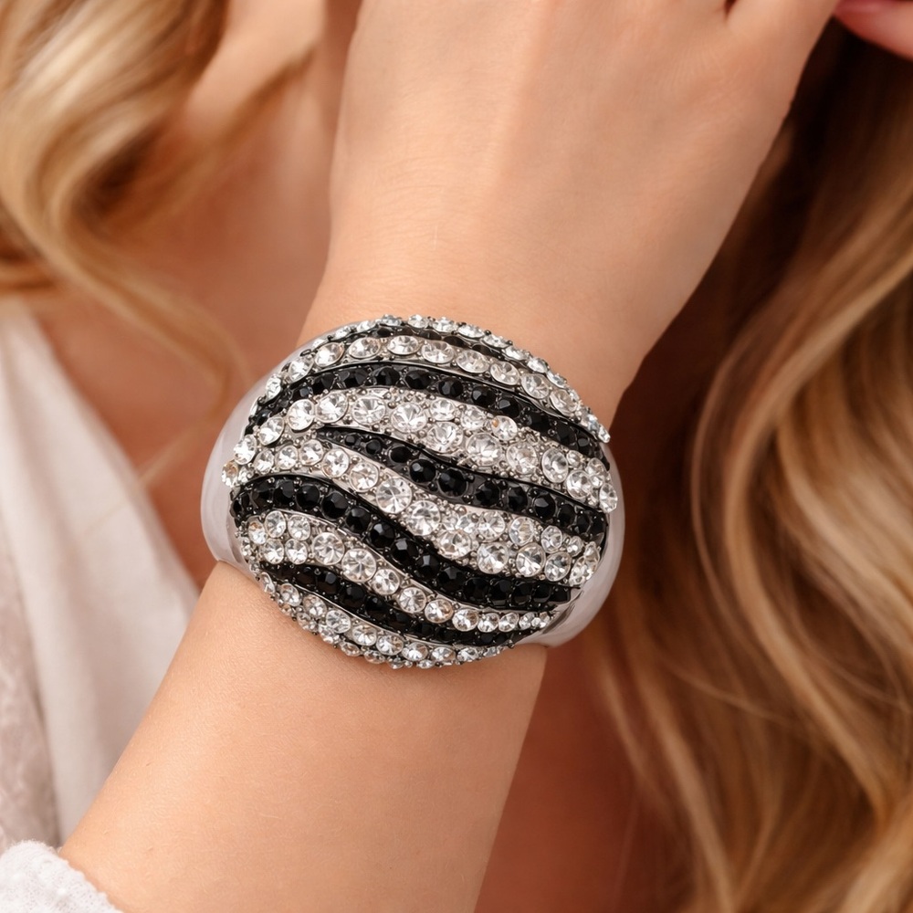 Rhinestone Zebra Cuff Bracelet Black Clear Crystal Estate Jewelry Bold Vintage